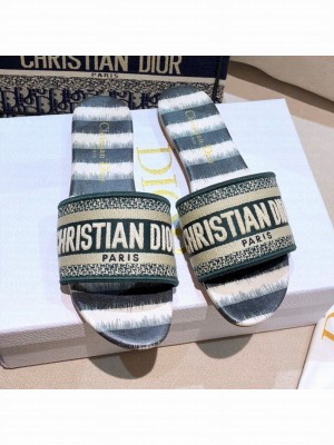 Dior Dway Flat Slide Sandals in Green Stripes Embroidered Cotton Spring/Summer 2021 Collection 47