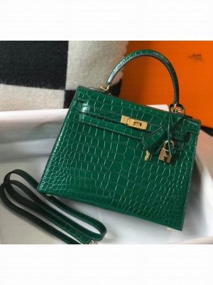Hermes Kelly 25cm/28cm in Crocodile Embossed Calf Leather Green 2020 (Half Handmade) Collection