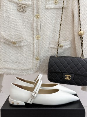 Chanel Women's Lambskin Pointed Toe Mary Janes Flat White