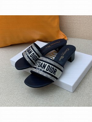Dior Dway Heeled Slide Sandals 4cm in Blue Cotton Embroidered 2023 Collection 01