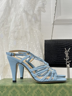 GUCCI WOMEN'S CRYSTAL INTERLOCKING G LAMBSKIN SANDAL BLUE