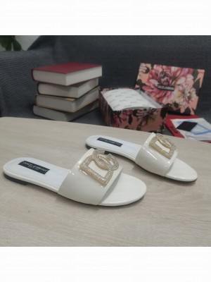 DOLCE & GABBANA CALFSKIN SLIDERS DG CRYSTAL LOGO 2022 WHITE