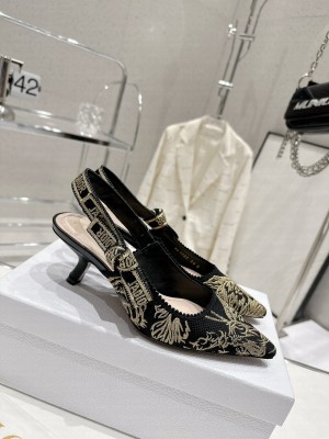 Dior J'Adior Slingback Pumps 6.5cm in Embroidered Cotton Gold/Black