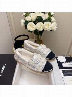 Chanel Shearling Fur Espadrilles Tweed/Lambskin Leather Fall/Winter 2020  Collection, White/Blue Multicolor