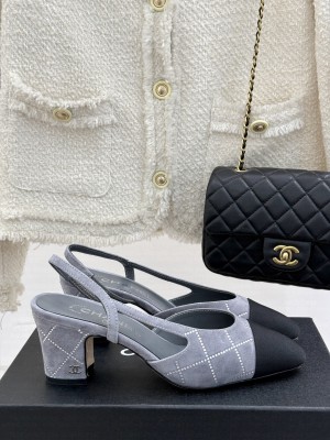 Chanel Slingback 7cm Suede Goatskin & Grosgrain Gray G31318 2025