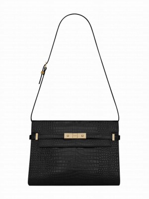 Saint Laurent Manhattan Shoulder Bag In Crocodile-embossed Shiny Leather 579271 Black
