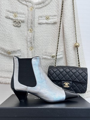 Chanel Calfskin & Patent Leather Pointed Ankle Boots 4cm Silver 2023