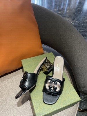 GUCCI 5.5CM INTERLOCKING G CUT-OUT SLIDE SANDALS BLACK 2022 COLLECTION