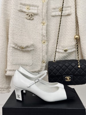 Chanel Lambskin & Grosgrain Mary Jane Pumps White