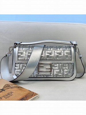 Fendi Baguette Medium Bag FF Sequins Silver  2021 Collection