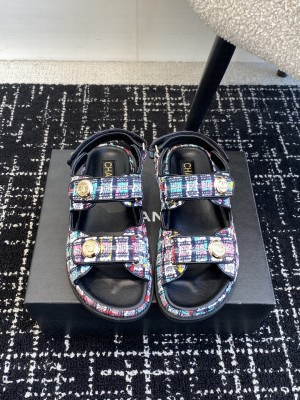 Chanel Tweed Velcro Dad Sandals Denim Multicolor 2025