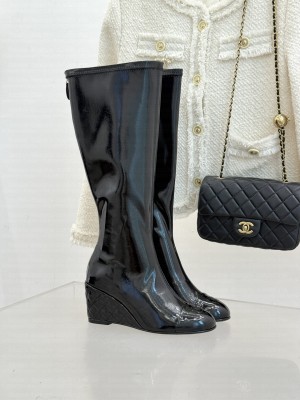 Chanel Wedge heel stretch boots 6.5cm patent Black 