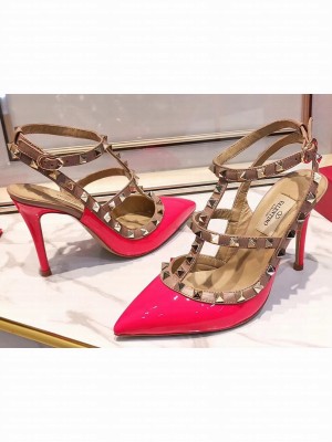 Valentino Heel 9.5cm Rockstud Caged Pumps in Patent Leather Rouge Pink