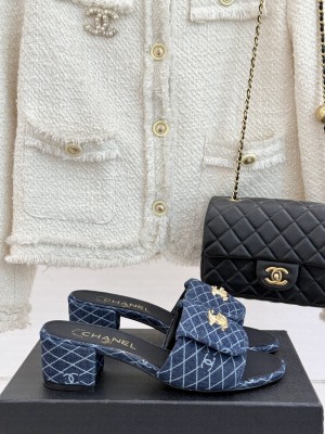 Chanel Quilted Denim Heel Slides Sandal 5cm with Foldover G45474 Navy 2025