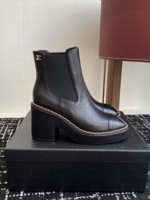 Chanel Calfskin Heel Platform with Chain Black Ankle Boots