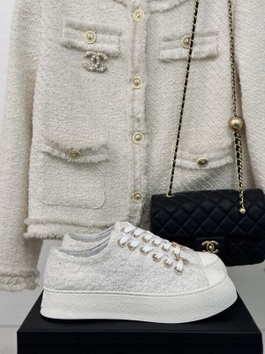 Chanel 3.5cm Platform Tweed Sneakers White