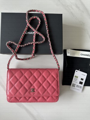 Chanel Caviar Leather & Silver-Tone Metal Wallet On Chain WOC Bag A33814 Pink