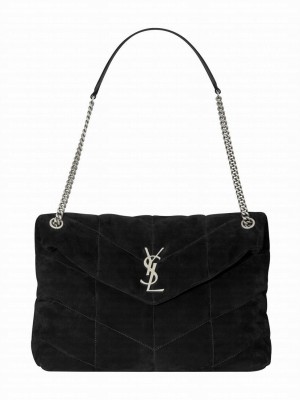 Saint Laurent Loulou Puffer Medium Bag In Quilted Suede And Lambskin Black