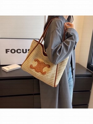 CELINE MEDIUM SUPPLE CELINE CLASSIC PANIER IN RAFFIA AND CALFSKIN 192605-2