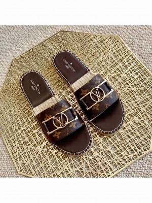Louis Vuitton Monogram Canvas Espadrille Slide Sandals with Rectangle LV Buckle Brown 2021 Collection