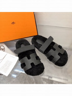 Hermes Unisex woolskin Oran Flat Slide Sandals 155 2022 Collection
