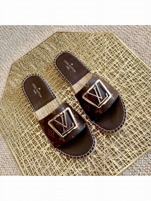 Louis Vuitton Monogram Canvas Espadrille Slide Sandals with Square LV Buckle Brown 2021 Collection