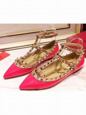Valentino Rockstud Caged Ankle Strap Ballet Flats Ballerinas in Patent Leather Rouge Pink
