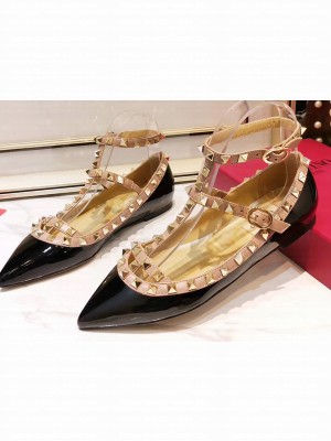Valentino Rockstud Caged Ankle Strap Ballet Flats Ballerinas in Patent Leather Black