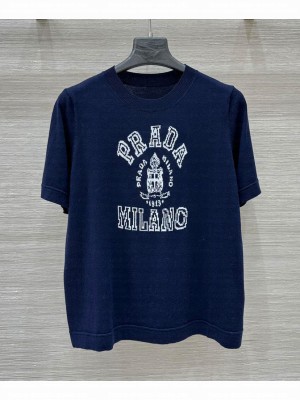 Prada Women's Cashmere Intarsia T-shirt Dark Blue