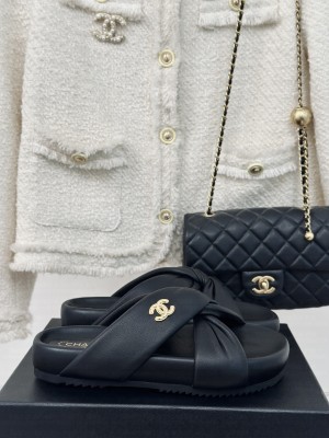 Chanel calfskin Cross Flat Slide Black