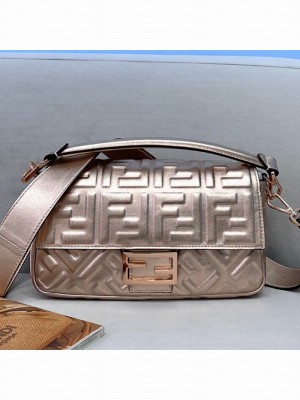 Fendi FF Metallic Leather Baguette Medium Bag Gold  2021 Collection