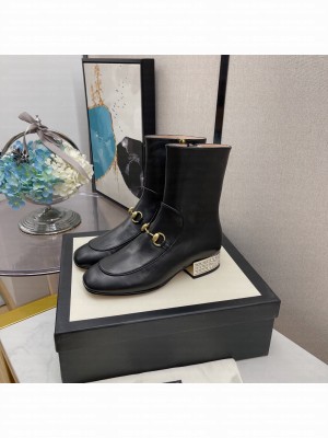 Gucci Women's Black GG Horsebit Crystal Heel Leather Ankle Boot 2021 Collection