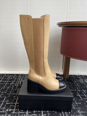 Chanel Calfskin Heel Platform with Chain Beige High Boots
