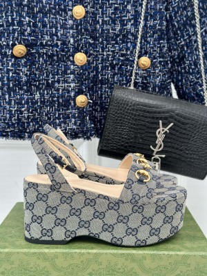 Gucci Horsebit 7.5cm Platform Sandals Navy and ebony Original GG canvas 2024