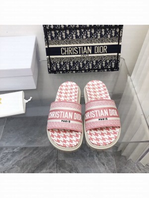 Dior Dway Slide Sandals in Pink Cotton Embroidery with Micro Houndstooth 2022 Collection