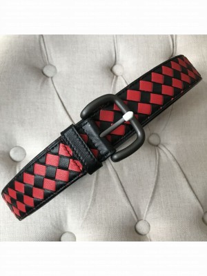 Bottega Veneta Intreccio Lambskin 35mm Belt with Square Buckle Red/Black 2019 Collection