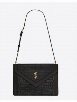 Yves Saint Laurent GABY SATCHEL IN CROCODILE-EMBOSSED LACQUERED LEATHER AND LAMBSKIN 695724 black