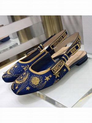Dior x Moi Slingback Ballerinas Flats in Navy Blue Star Embroidered Cotton Spring/Summer 2021 Collection