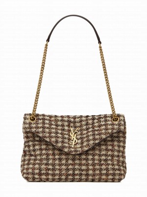 Saint Laurent Puffer Small Checkered Tweed And Lambskin Handbag 577476 Cream