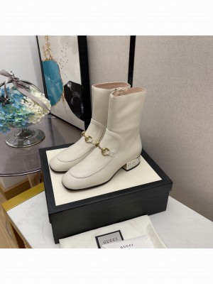 Gucci Women's White GG Horsebit Crystal Heel Leather Ankle Boot 2021 Collection