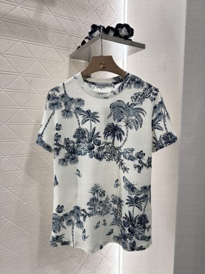 Christian Dior Dioriviera T-Shirt White and Blue Toile de Jouy Palms Cotton and Linen Jersey