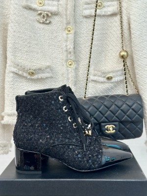 Chanel Tweed & Patent Pointed Toe Boot 2024 Black