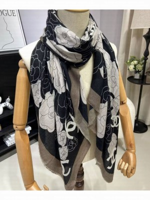Chanel Women's Camellia Print Long Scarf Black