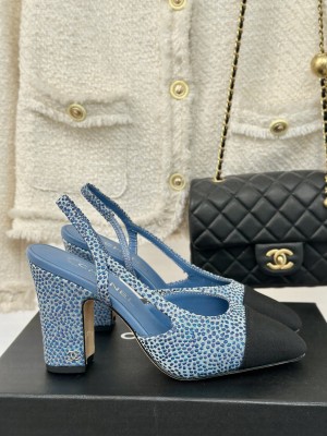 Chanel Strass & Grosgrain Slingback Pumps 9.5cm Blue 2024 