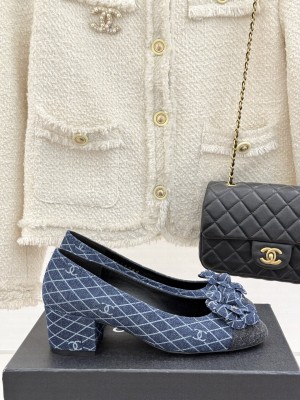 Chanel Quilted Denim Pumps with Camellia Bloom Charm Navy 2025