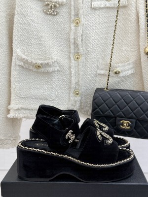 Chanel platform double C with chain sandals Black Velvet 2025