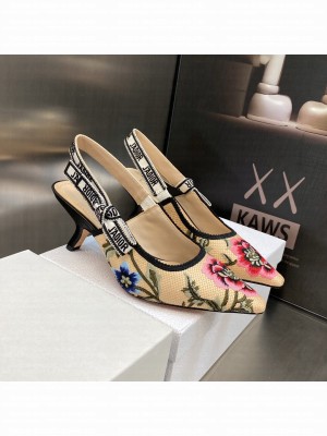 Dior J'Adior Slingback Pumps 6.5cm in Beige Multicolor Cotton Embroidered with Petites Fleurs Motif 2023
