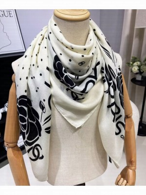 Chanel Women's Camellia Polka Dot Print Scarf White