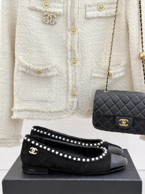 Chanel Suede & Patent Calfskin Ballet Flats with Pearls Black 2025