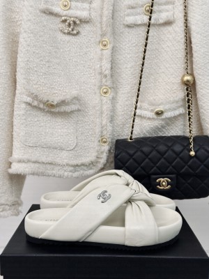 Chanel calfskin Cross Flat Slide White